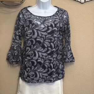 Navy & White Print Blouse w/Navy Cami